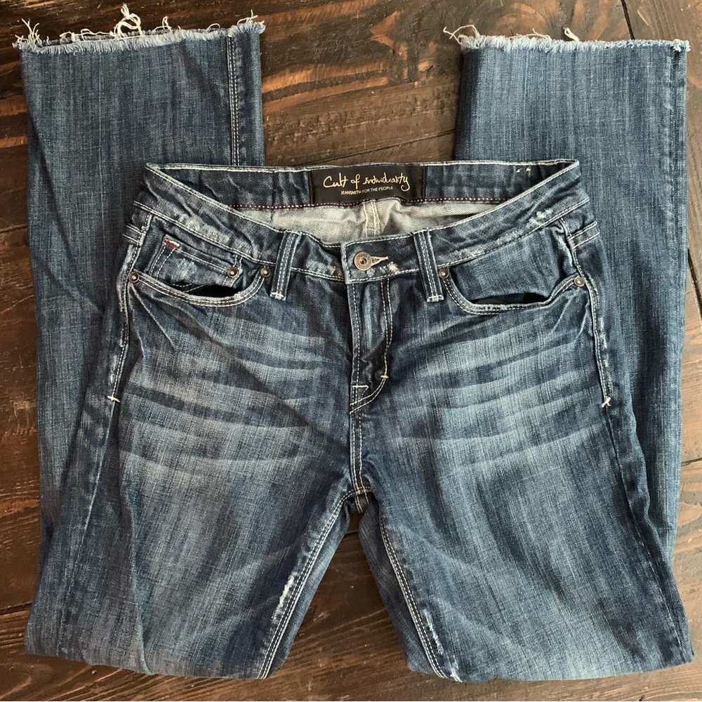 Cult of Individuality Distressed Boot Cut Blue Jeans